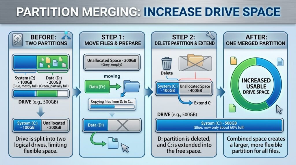  Partition Merging ড্রাইভ স্পেস বাড়ানো।