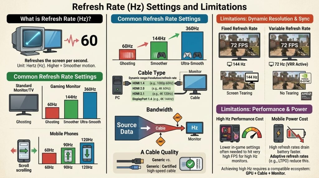 Refresh Rate (Hz) সেটিংস ও সীমাবদ্ধতা।