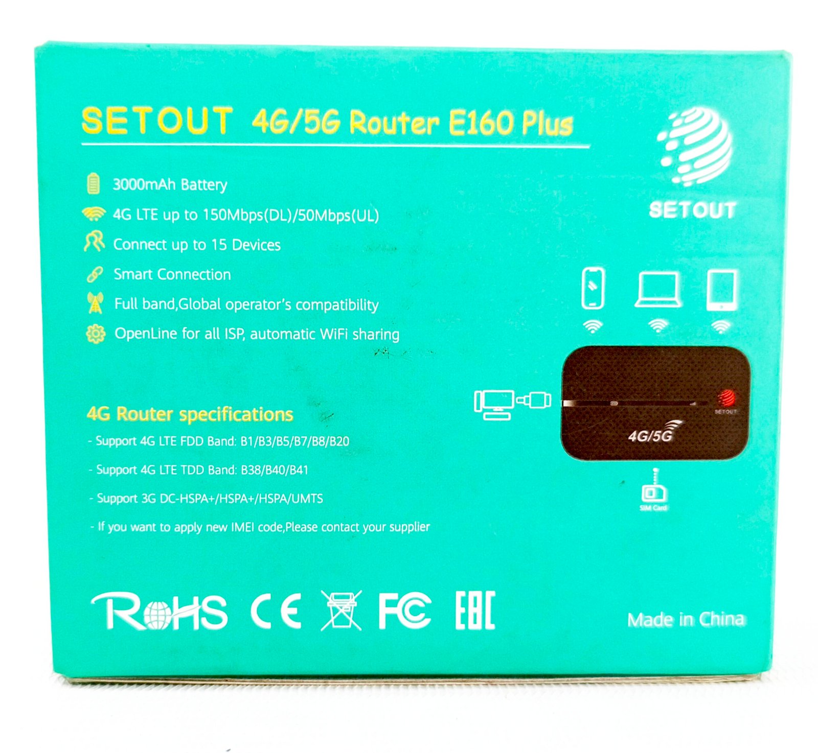 SETOUT E160 Plus 4G5G Pocket Router with 3000mAh Battery (150Mbps)