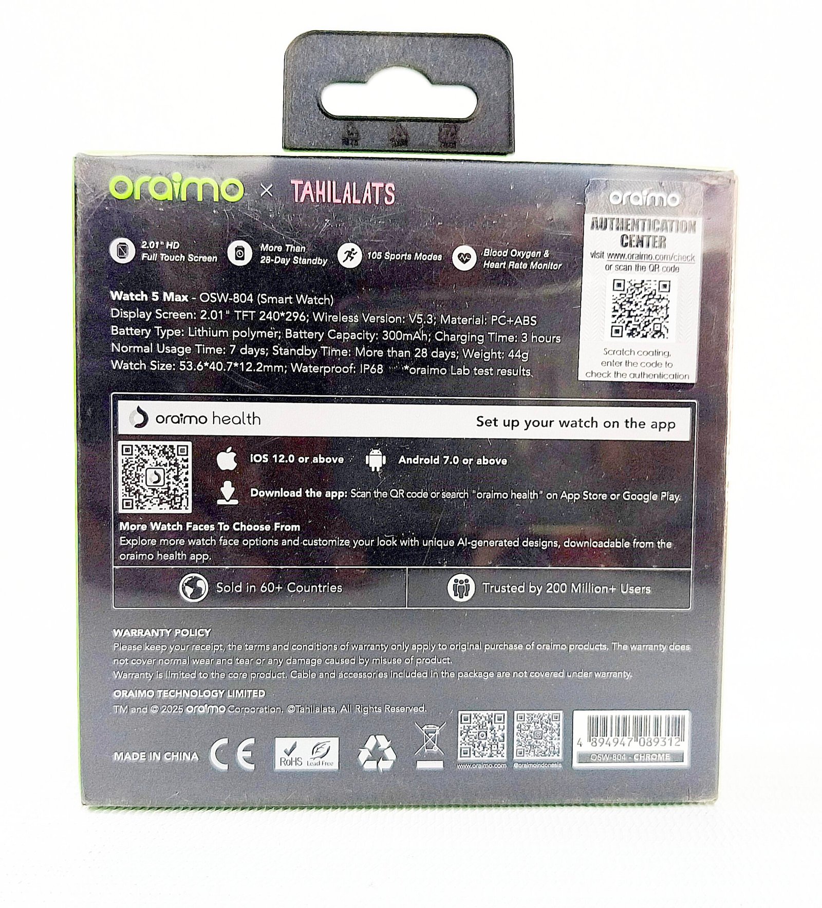 oraimo x TAHILALATS Watch 5 Max 2.01 HD Screen Bluetooth Calling Smartwatch